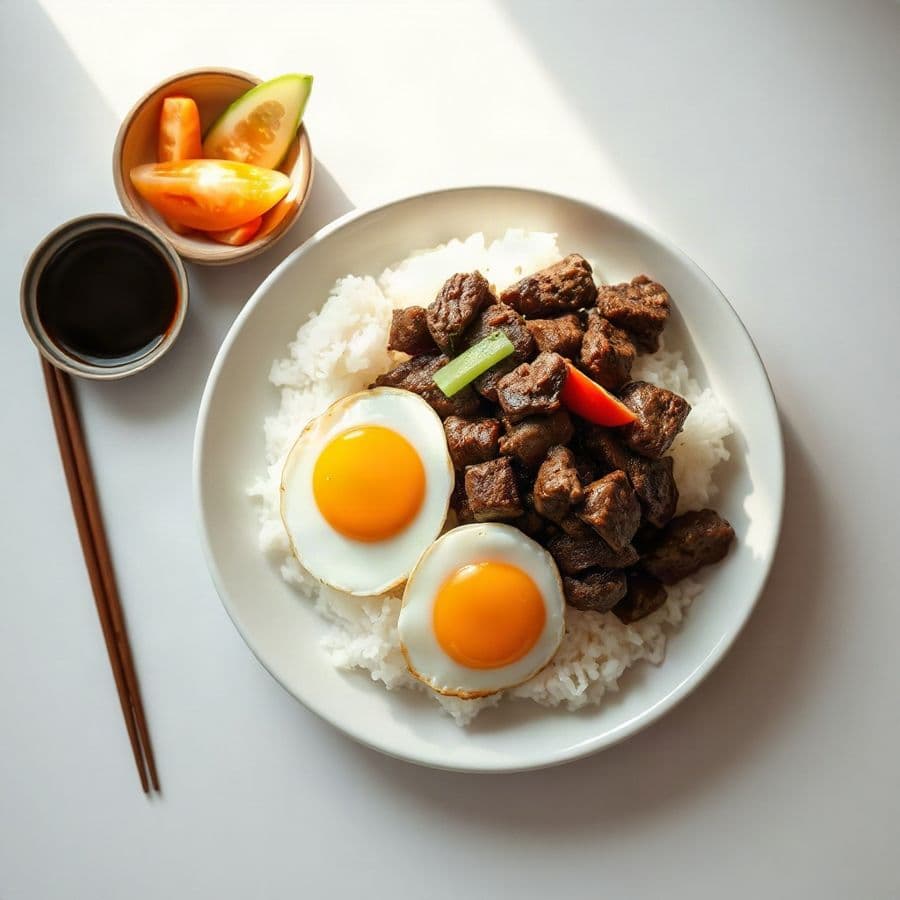 48. Lemon Grass Beef , 2 fried egg with Rice