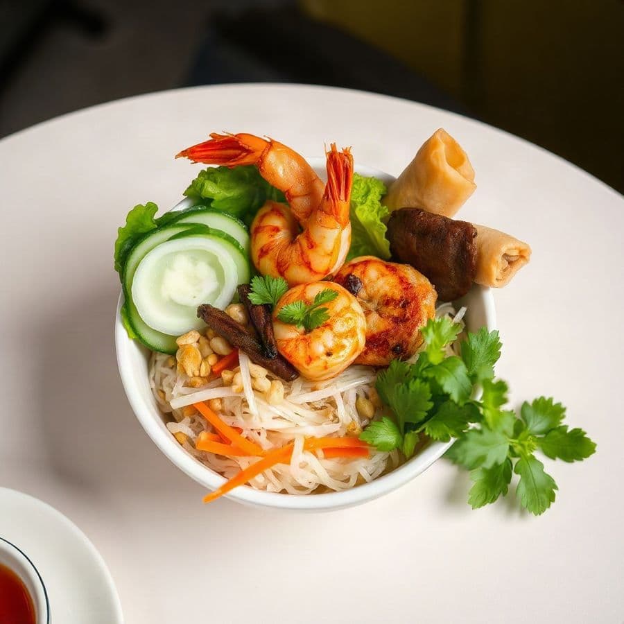 65. Grill Shrimp , marinated pork, spring roll with Rice Vermicelli