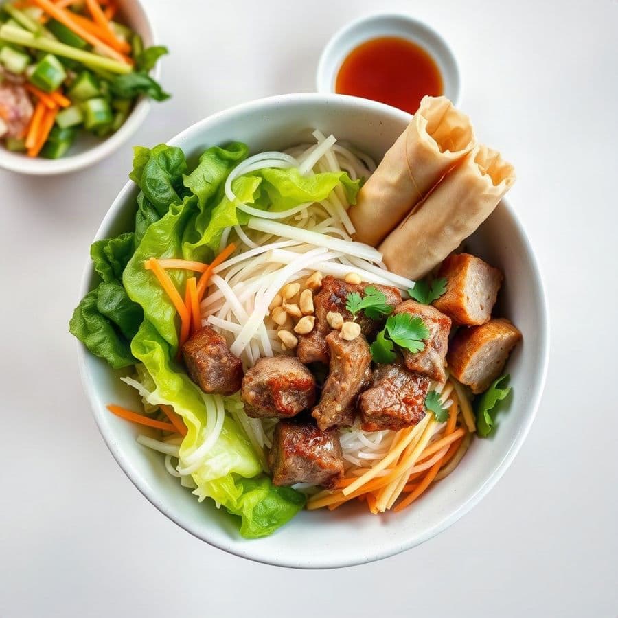 63. Lemon Grass Beef, Marinated pork, spring roll with Rice Vermicelli